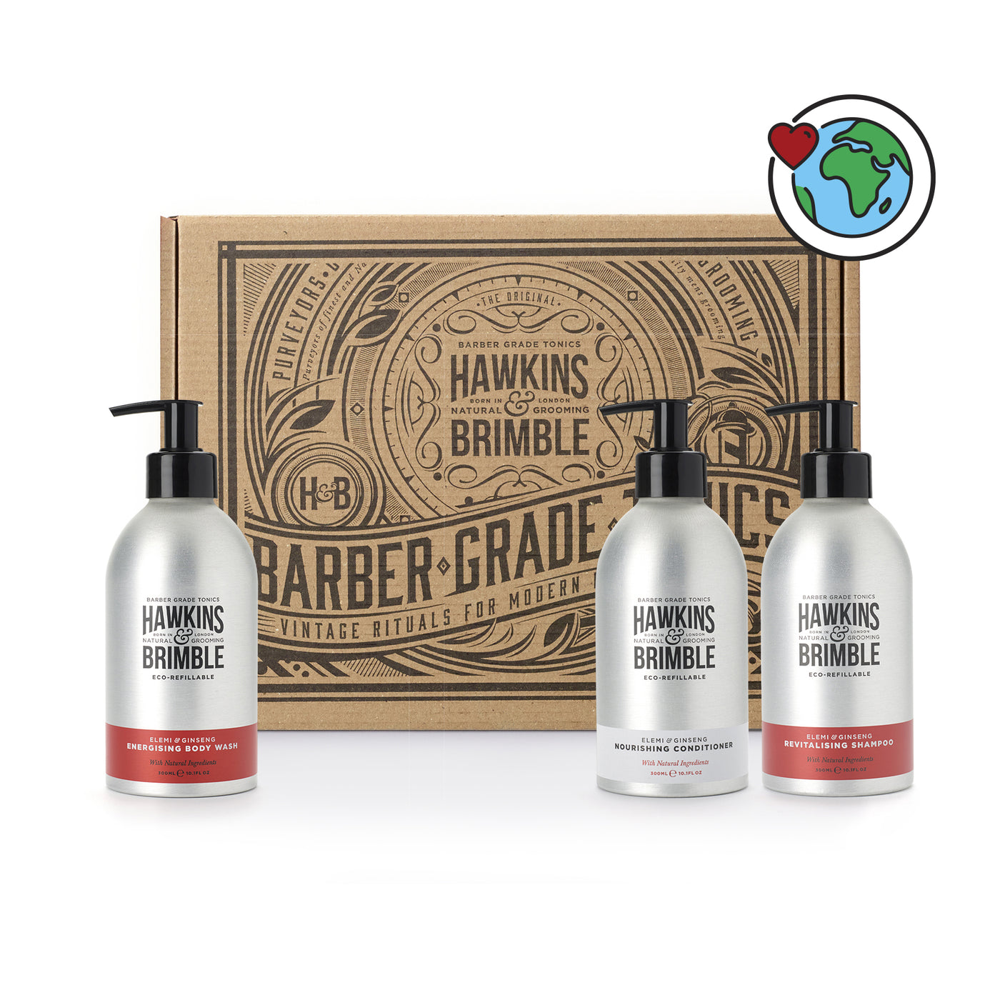 Hair & Body Eco-Warrior Box (Revitalising Shampoo Eco-Refillable 300ml + Nourishing Conditioner Eco-Refillable 300ml + Energising Body wash Eco-Refillable 300ml)
